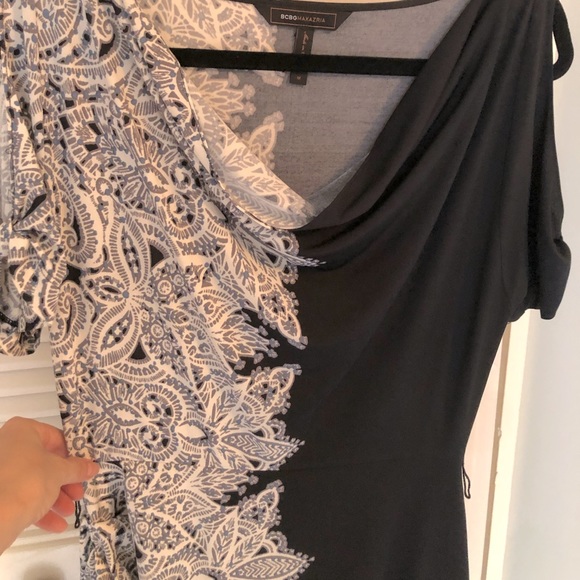 BCBG MAXAZARIA Dark Navy Blue, White and Grey Dress bodycon with side ruching. - Picture 2 of 6